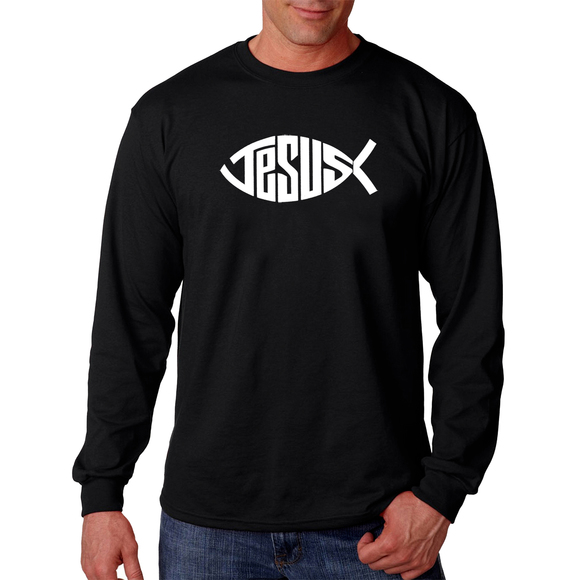 Men's Word Art Long Sleeve T-shirt - Christian Jesus Name Fish Symbol - Picture 1 of 2